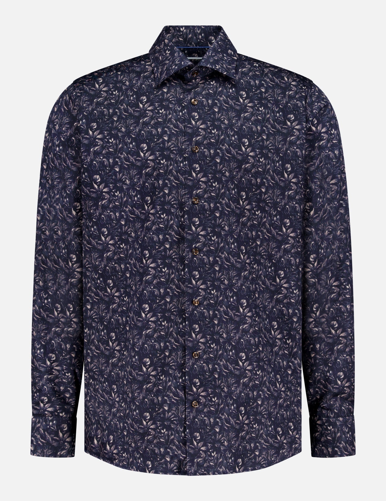 The ETON Floral Twill Contemporary Shirt is a long-sleeved, wrinkle-resistant cotton shirt with a dark navy base, subtle floral print, classic collar, and tailored fit.