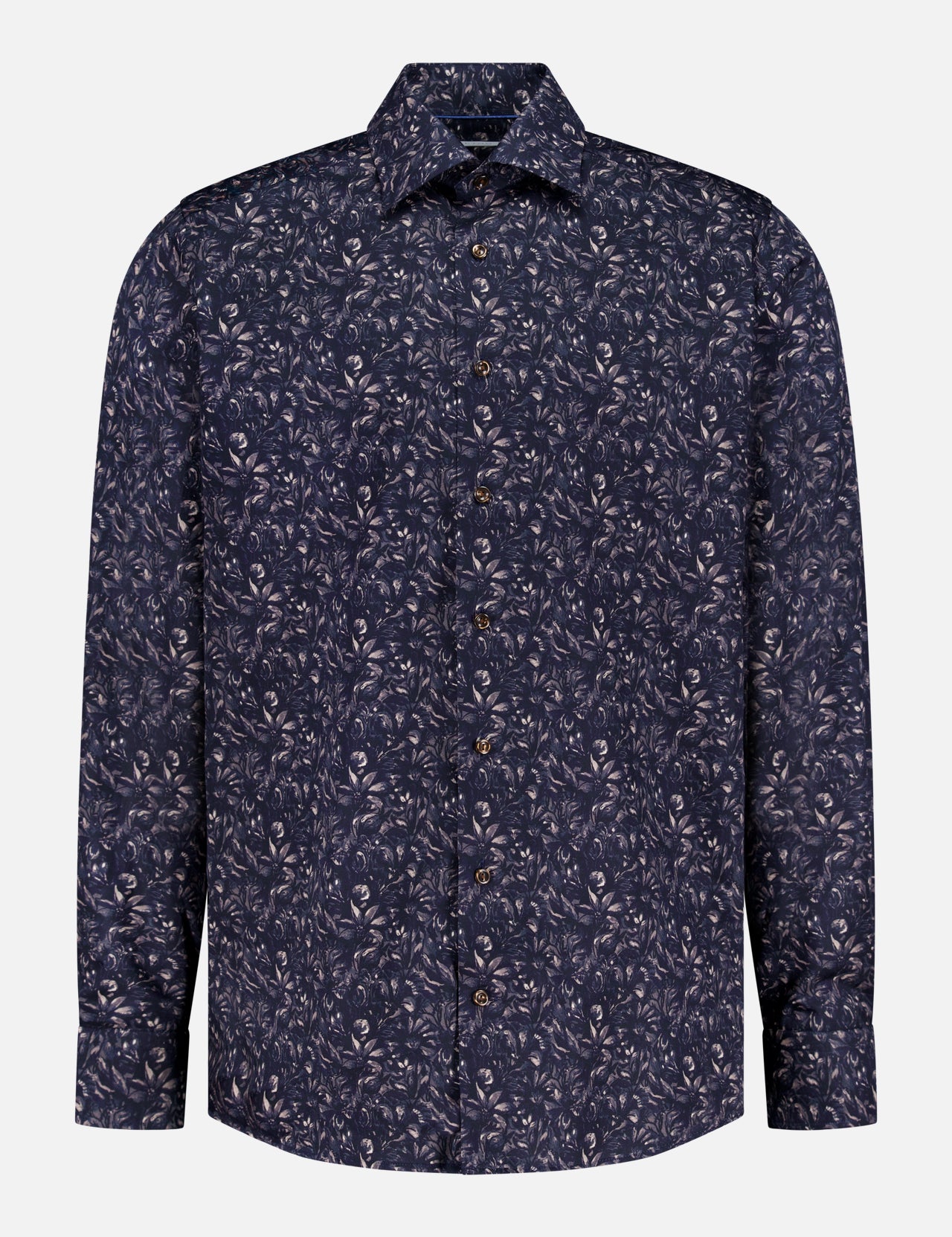 The ETON Floral Twill Slim Dress Shirt features long sleeves, a classic collar, and a dark navy base with a light floral pattern. Made from wrinkle-resistant cotton, it’s shown against a plain white background.