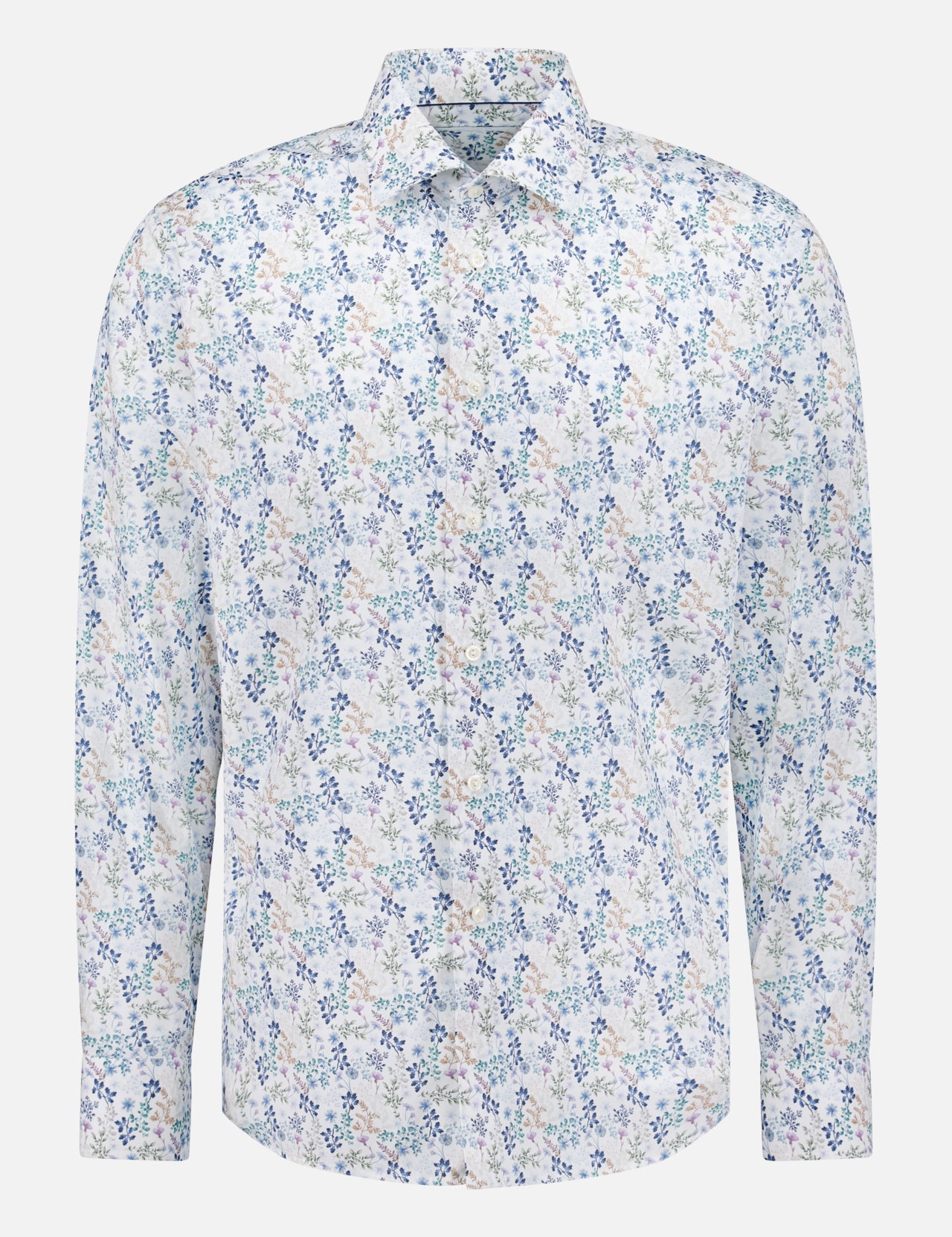 The ETON Floral Twill Slim Dress Shirt features a white base with blue, pink, and green floral print, classic collar, curved hem, and is made from wrinkle-resistant cotton in a slim fit.