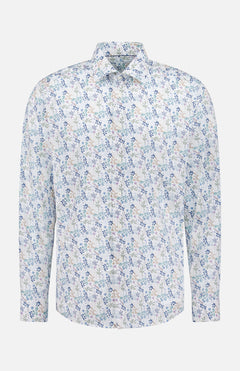 The ETON Floral Twill Slim Dress Shirt features a white base with blue, pink, and green floral print, classic collar, curved hem, and is made from wrinkle-resistant cotton in a slim fit.