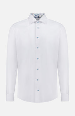 The ETON Geometric Effect Signature Twill Contemporary Shirt is shown on a plain white background, featuring light blue buttons, a subtle floral print inner collar, and crafted from wrinkle-resistant cotton.