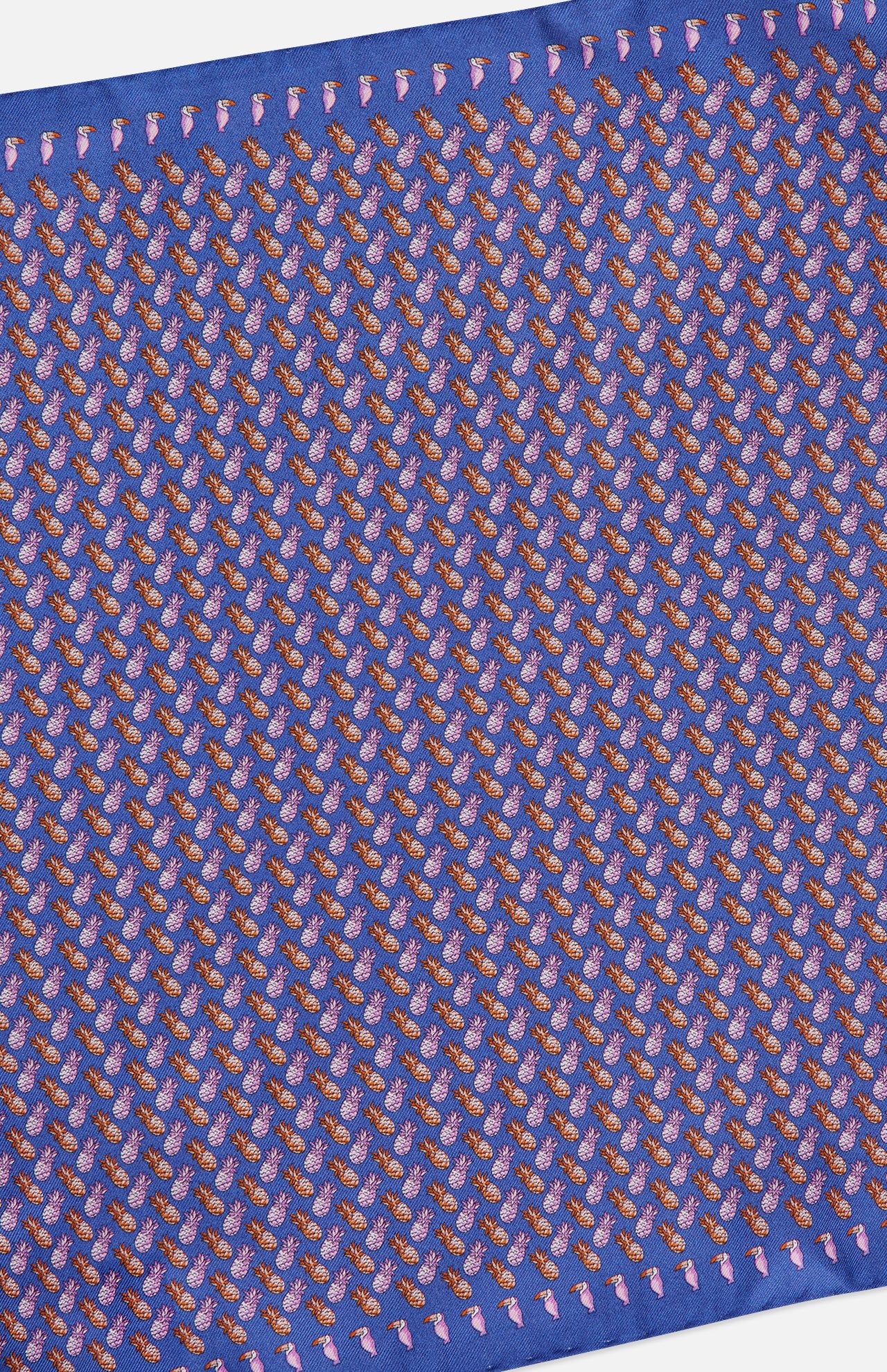The ETON Ananas Silk Twill Pocket Square features a blue base with small orange and pink paisley motifs and a solid blue border.