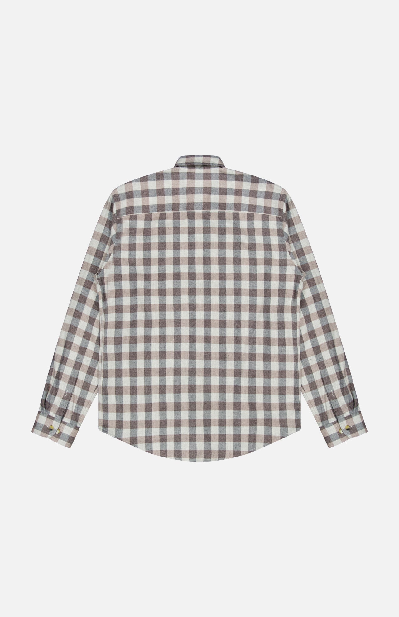 The ETON Block Check Flannel Shirt, featuring a brown, gray, and white plaid pattern and long sleeves with a button-up design, is displayed flat with the back side facing up against a white background.