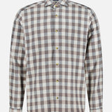 The ETON Block Check Flannel Shirt is a pure cotton, long-sleeve button-up featuring a brown and white checkered pattern, shown against a plain white background.