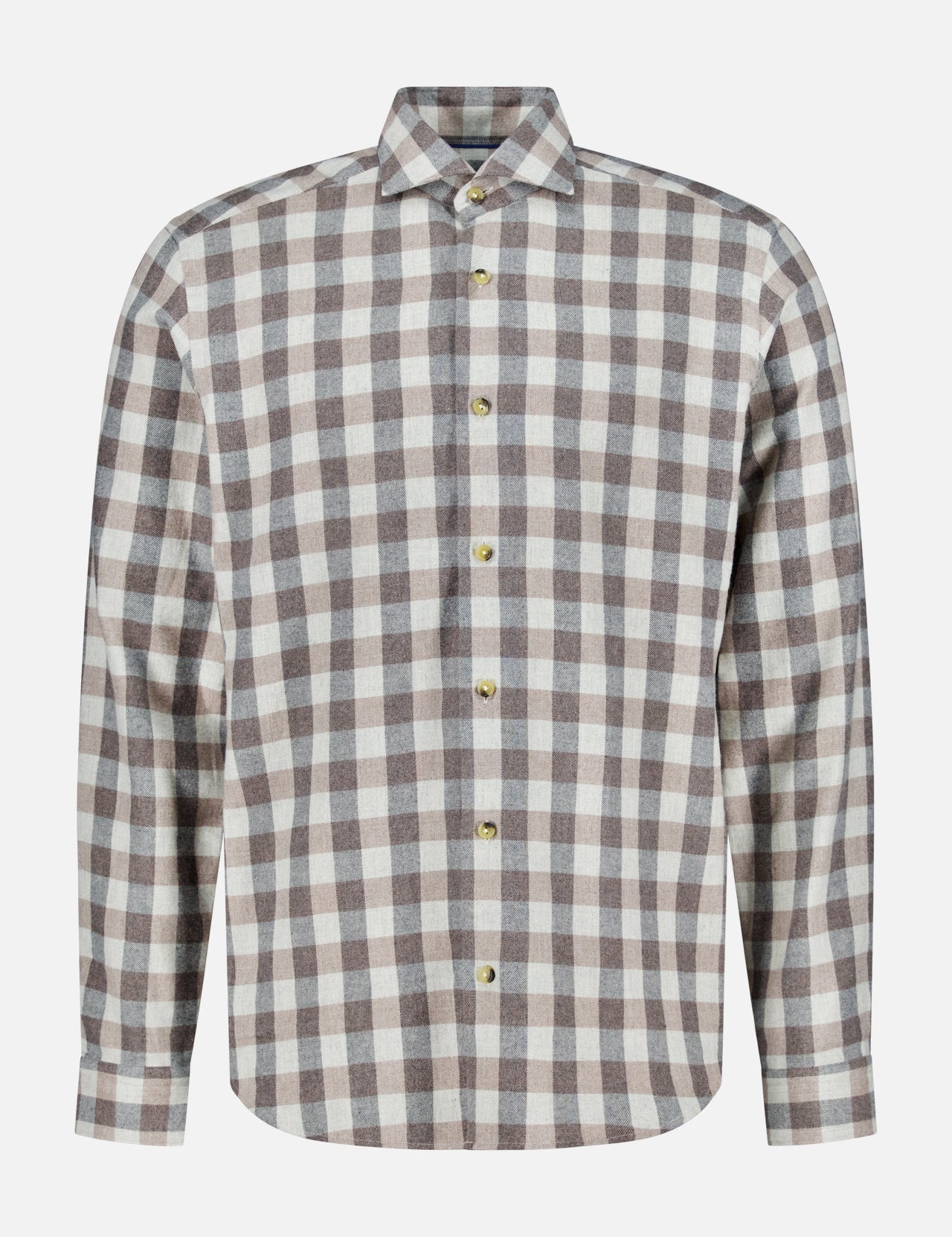 The ETON Block Check Flannel Shirt is a pure cotton, long-sleeve button-up featuring a brown and white checkered pattern, shown against a plain white background.