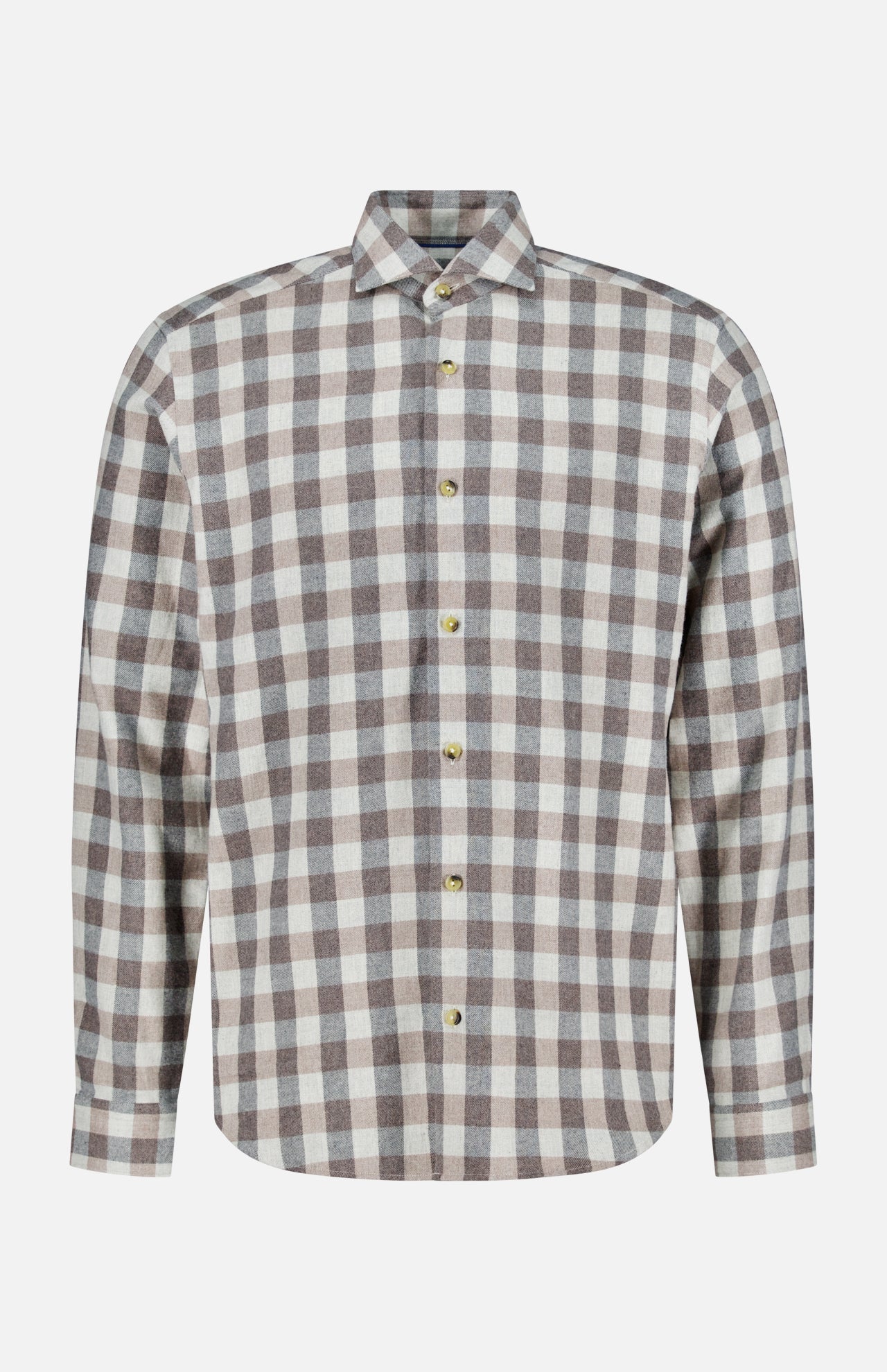 The ETON Block Check Flannel Shirt is a pure cotton, long-sleeve button-up featuring a brown and white checkered pattern, shown against a plain white background.