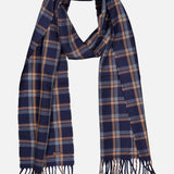 The ETON Check Merino Wool Scarf, crafted in Italy, showcases a navy blue base with a beige and light blue plaid pattern and is finished with fringed ends, displayed flat on a white background.
