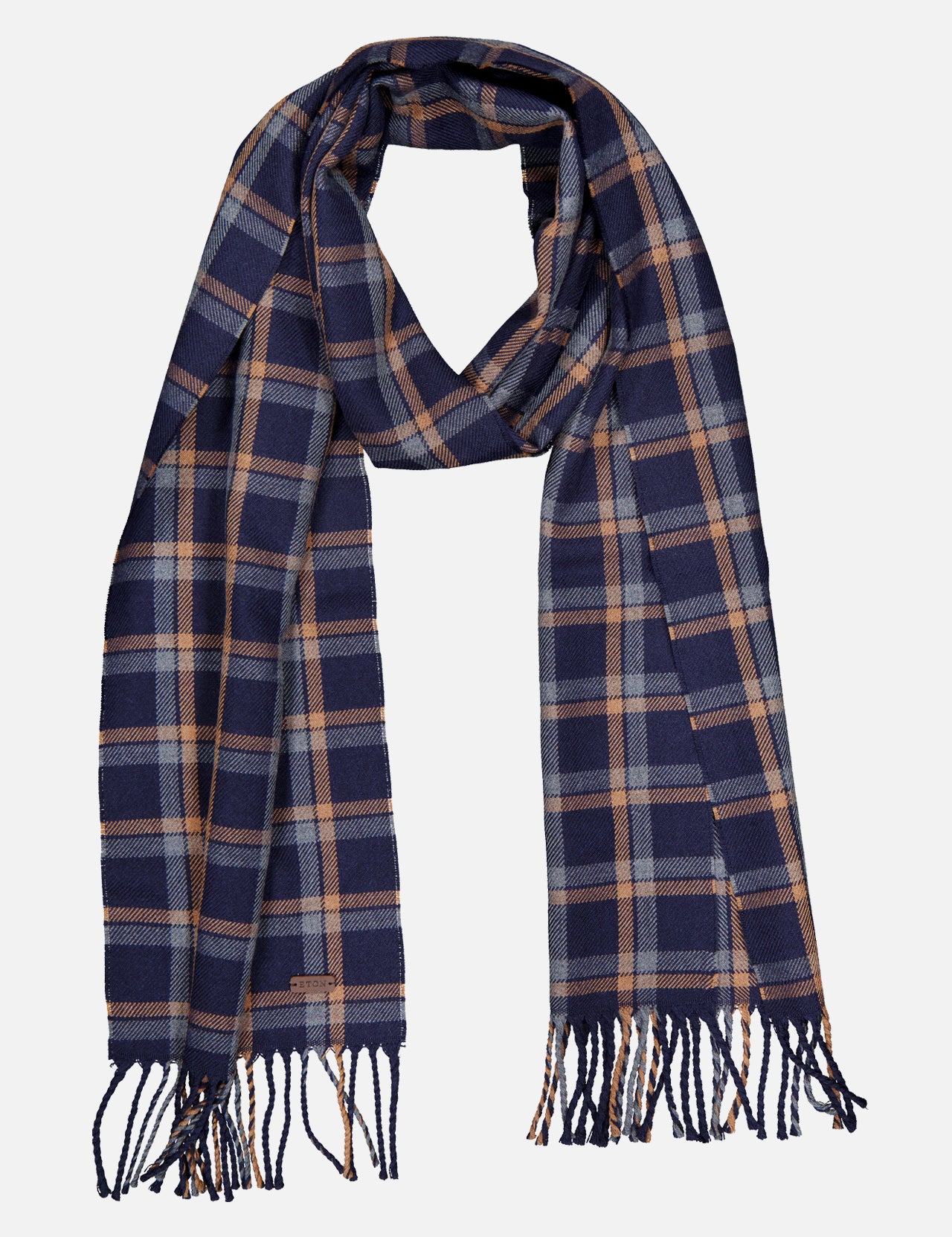 The ETON Check Merino Wool Scarf, crafted in Italy, showcases a navy blue base with a beige and light blue plaid pattern and is finished with fringed ends, displayed flat on a white background.