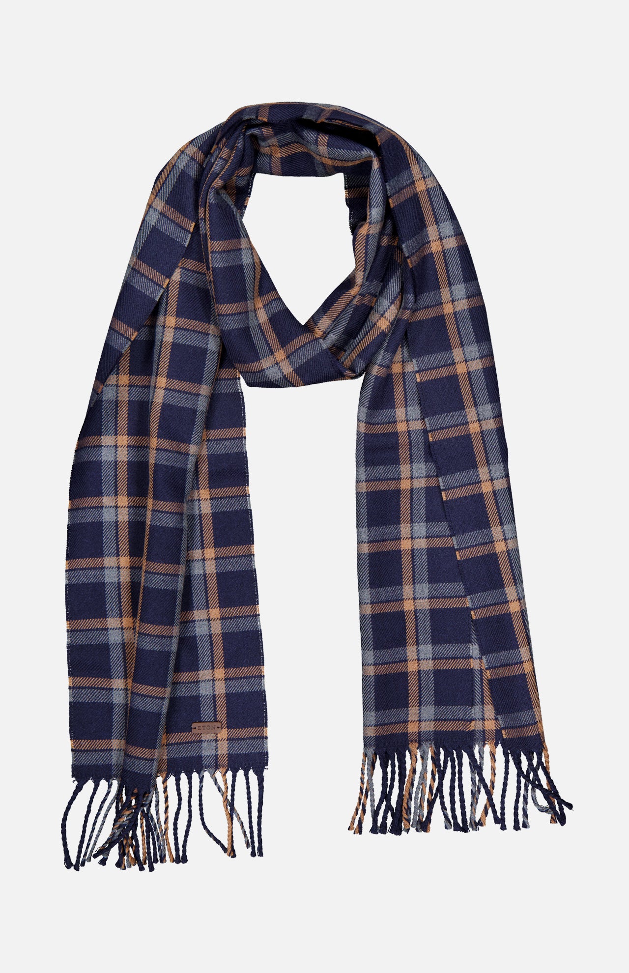 The ETON Check Merino Wool Scarf, crafted in Italy, showcases a navy blue base with a beige and light blue plaid pattern and is finished with fringed ends, displayed flat on a white background.