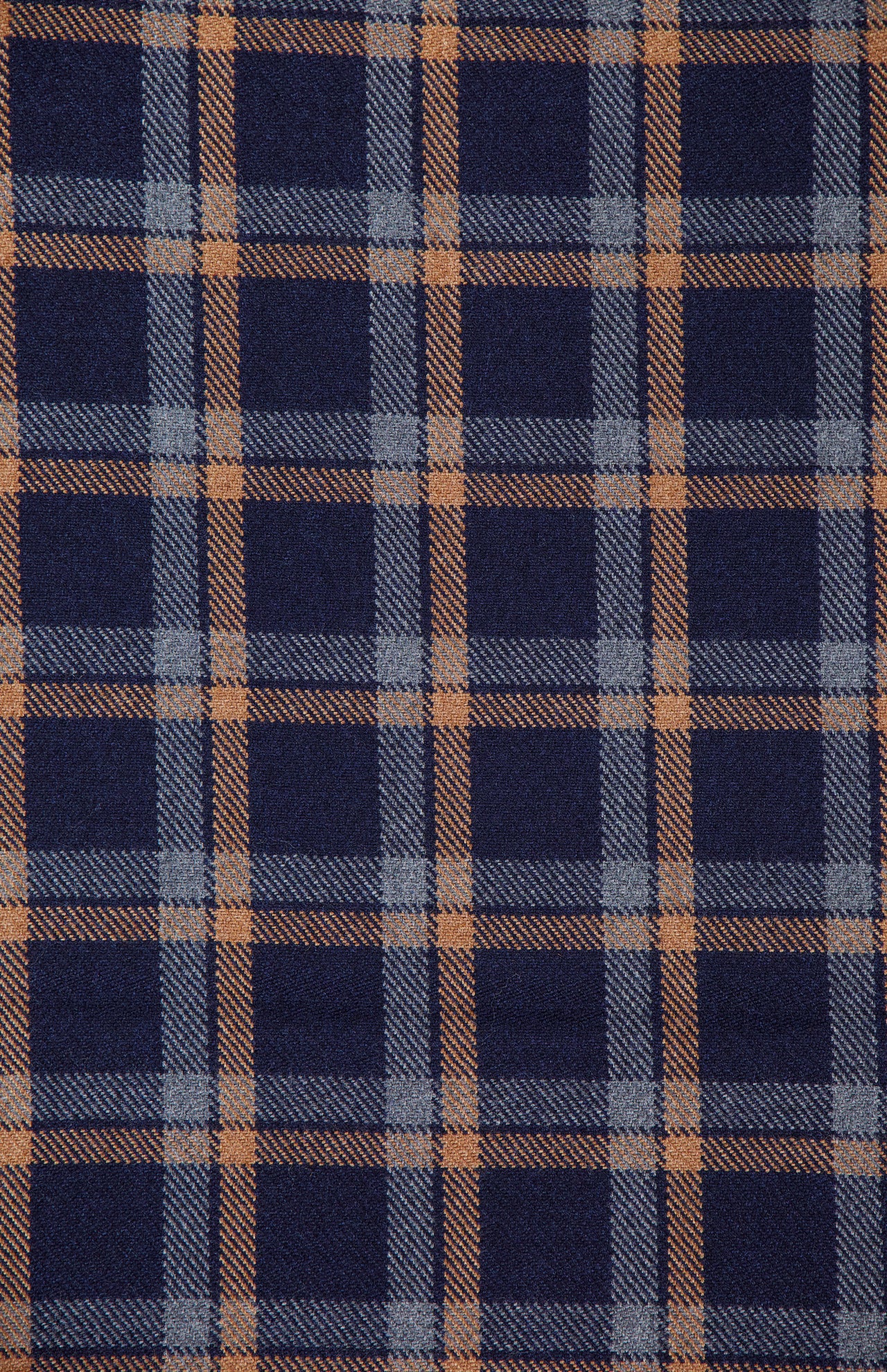 Introducing the ETON Check Merino Wool Scarf—a timeless accessory crafted in Italy, featuring a classic plaid pattern with intersecting navy blue, orange, and light gray lines.