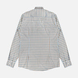 Shown from the back, the ETON Check Twill Slim Dress Shirt features long sleeves and a slim fit, with a blue, beige, and white check pattern. Made from wrinkle-resistant organic cotton, it is displayed flat against a white background.