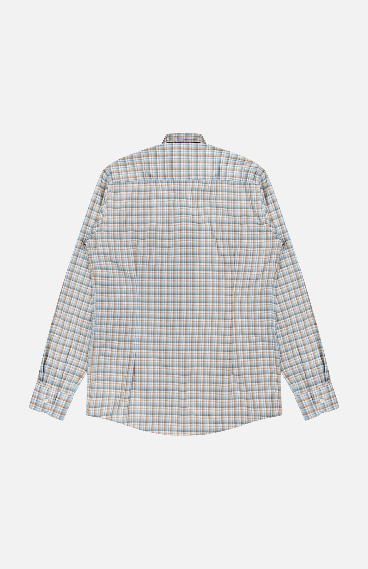 Shown from the back, the ETON Check Twill Slim Dress Shirt features long sleeves and a slim fit, with a blue, beige, and white check pattern. Made from wrinkle-resistant organic cotton, it is displayed flat against a white background.