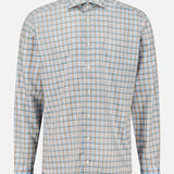 The ETON Check Twill Slim Dress Shirt is a slim fit, long-sleeve button-down made from wrinkle-resistant organic cotton, featuring a light blue, tan, and white plaid pattern. The shirt is shown against a plain white background.
