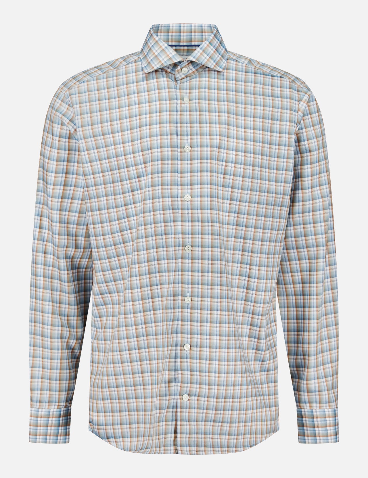 The ETON Check Twill Slim Dress Shirt is a slim fit, long-sleeve button-down made from wrinkle-resistant organic cotton, featuring a light blue, tan, and white plaid pattern. The shirt is shown against a plain white background.
