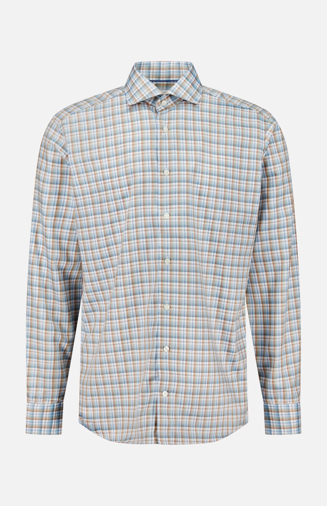 The ETON Check Twill Slim Dress Shirt is a slim fit, long-sleeve button-down made from wrinkle-resistant organic cotton, featuring a light blue, tan, and white plaid pattern. The shirt is shown against a plain white background.