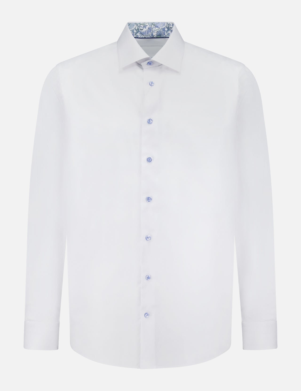 The ETON Floral Effect Signature Twill Dress Shirt is a classic slim fit white shirt with long sleeves and a subtle floral pattern inside the collar.