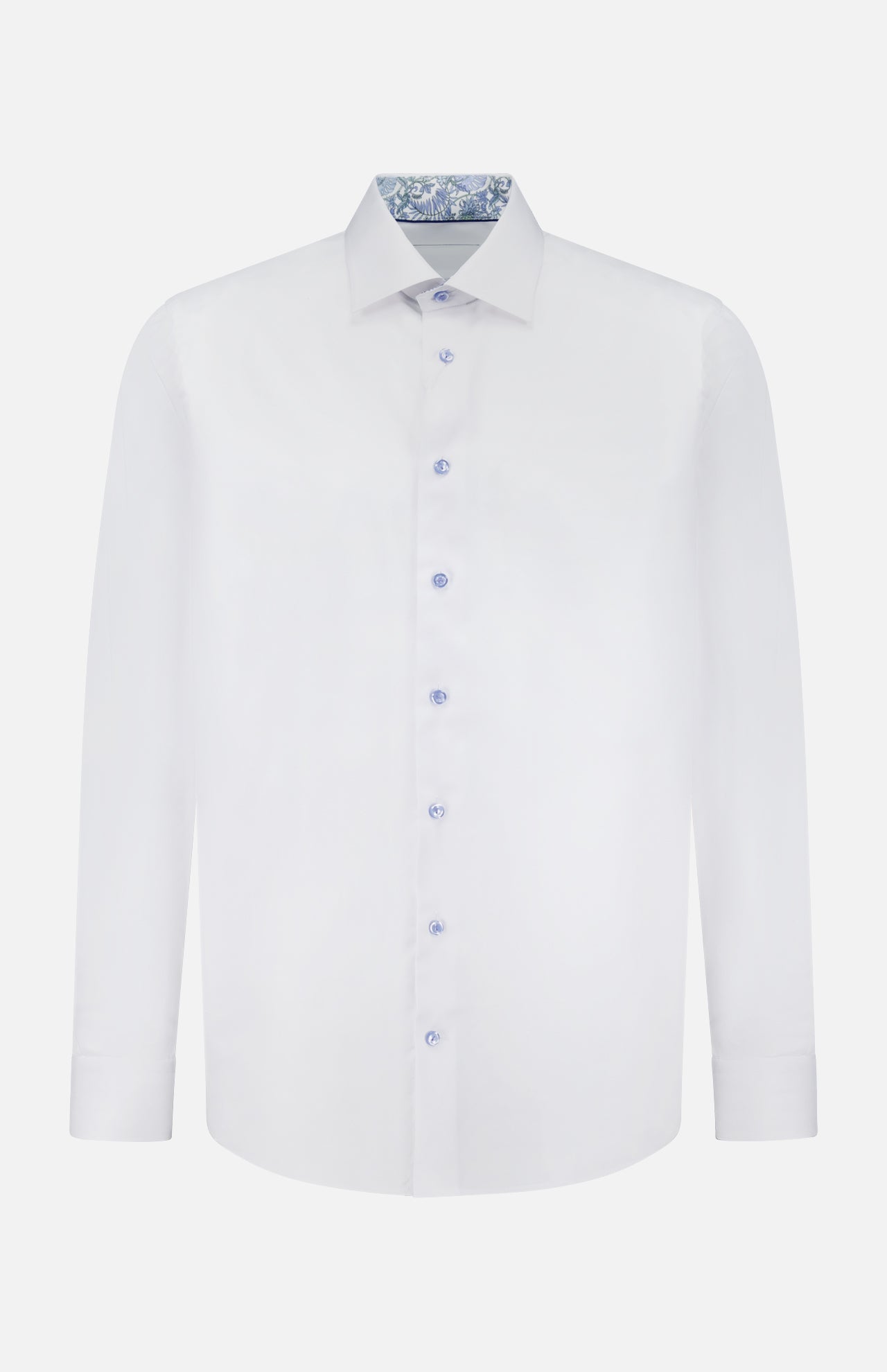 The ETON Floral Effect Signature Twill Dress Shirt is a classic slim fit white shirt with long sleeves and a subtle floral pattern inside the collar.