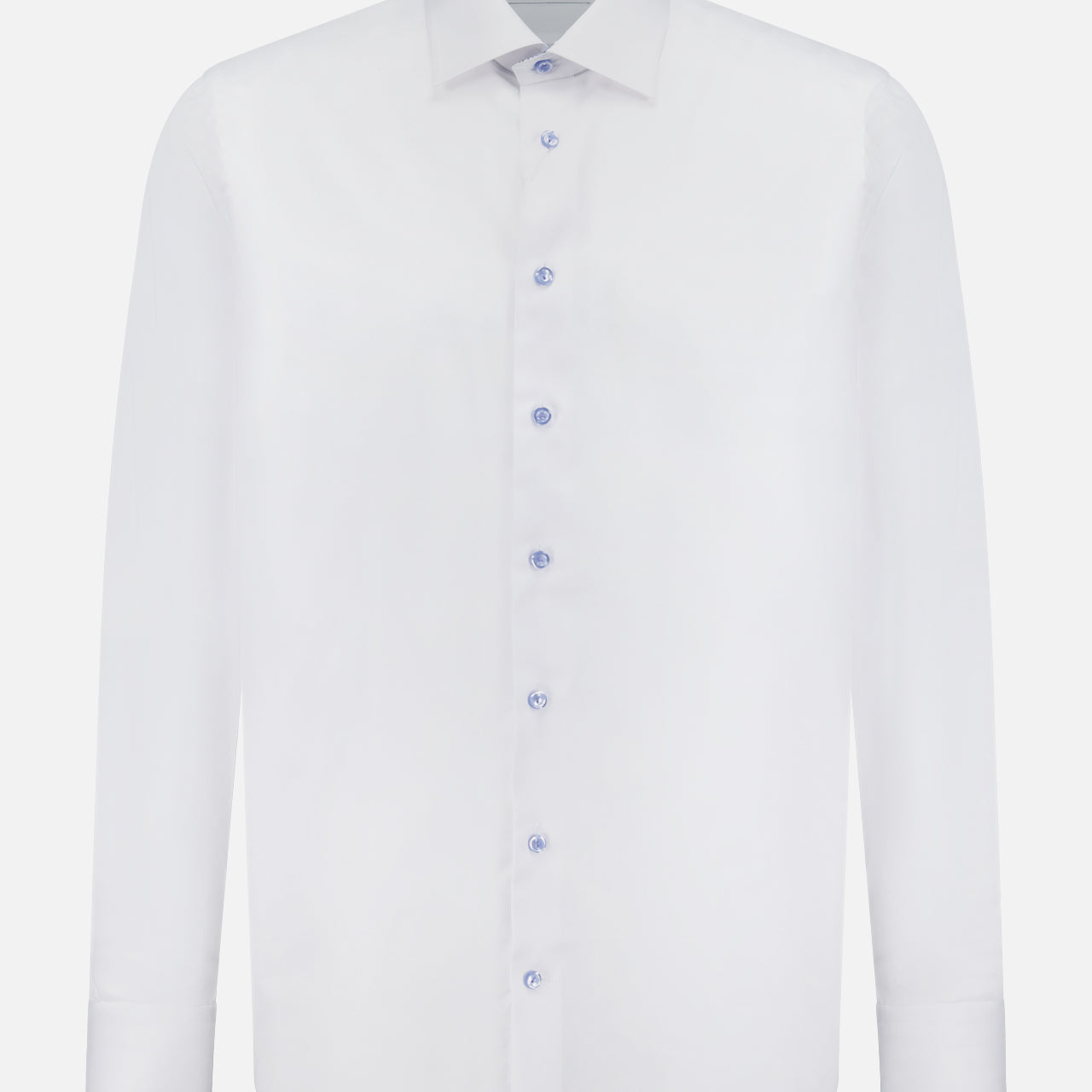 The ETON Floral Effect Signature Twill Dress Shirt features a classic collar, light blue buttons, a blue floral inner collar, and wrinkle-resistant fabric—offering a crisp, tailored look ideal for formal occasions.