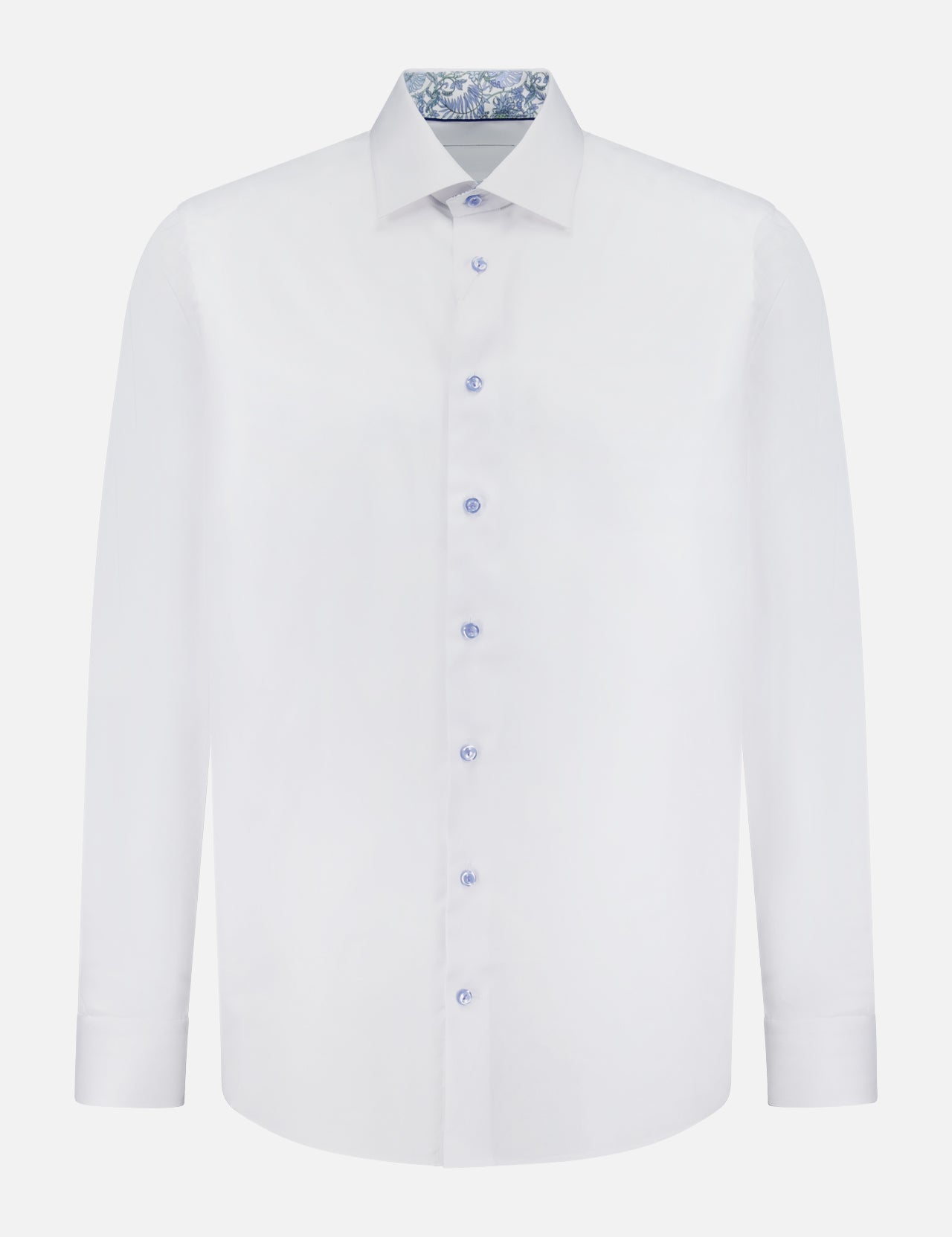 The ETON Floral Effect Signature Twill Dress Shirt features a classic collar, light blue buttons, a blue floral inner collar, and wrinkle-resistant fabric—offering a crisp, tailored look ideal for formal occasions.