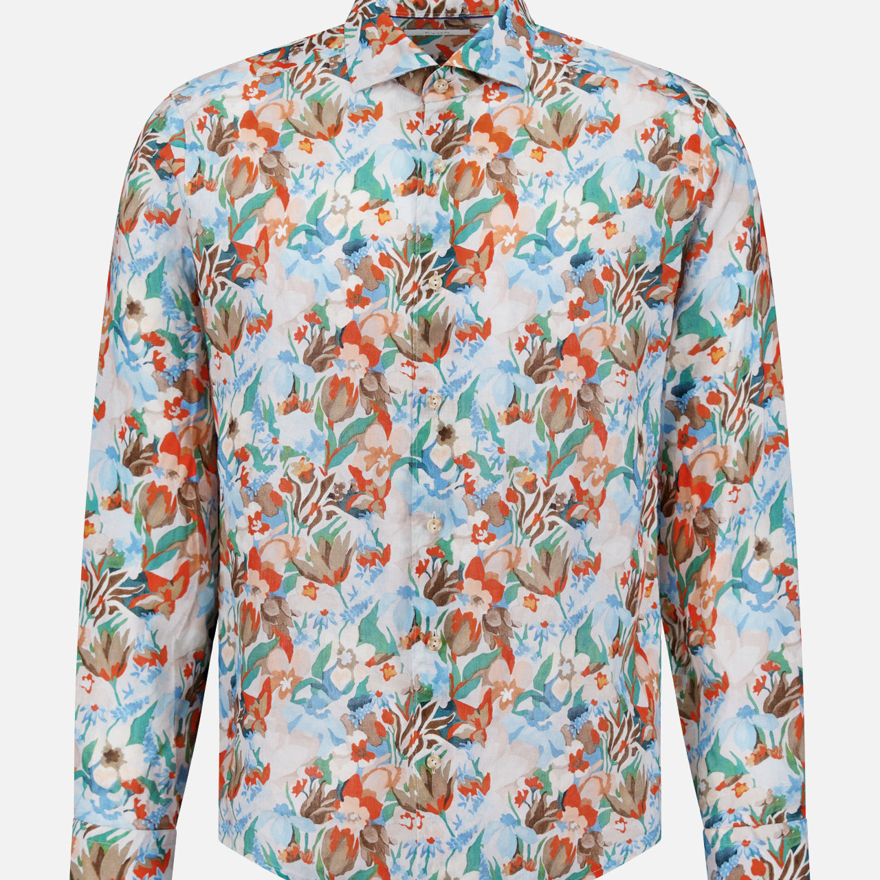 The ETON Floral Linen Print Dress Shirt features a colorful floral pattern in orange, red, green, and blue on light blue fabric, with long sleeves, a classic collar, and a tailored fit for stylish appeal.