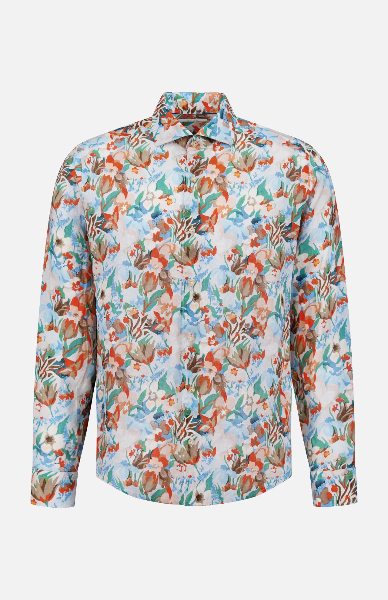 The ETON Floral Linen Print Dress Shirt features a colorful floral pattern in orange, red, green, and blue on light blue fabric, with long sleeves, a classic collar, and a tailored fit for stylish appeal.