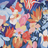 The ETON Floral Oxford Silk Pocket Square features a vibrant, abstract floral design with red, orange, pink, yellow, white, and blue flowers set against a deep blue background for a dynamic and luxurious look.