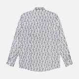 The ETON Floral Print Contemporary Dress Shirt is a long-sleeve, 100% cotton shirt with blue floral patterns in black, yellow, and blue on a white background, displayed flat with the back facing up.