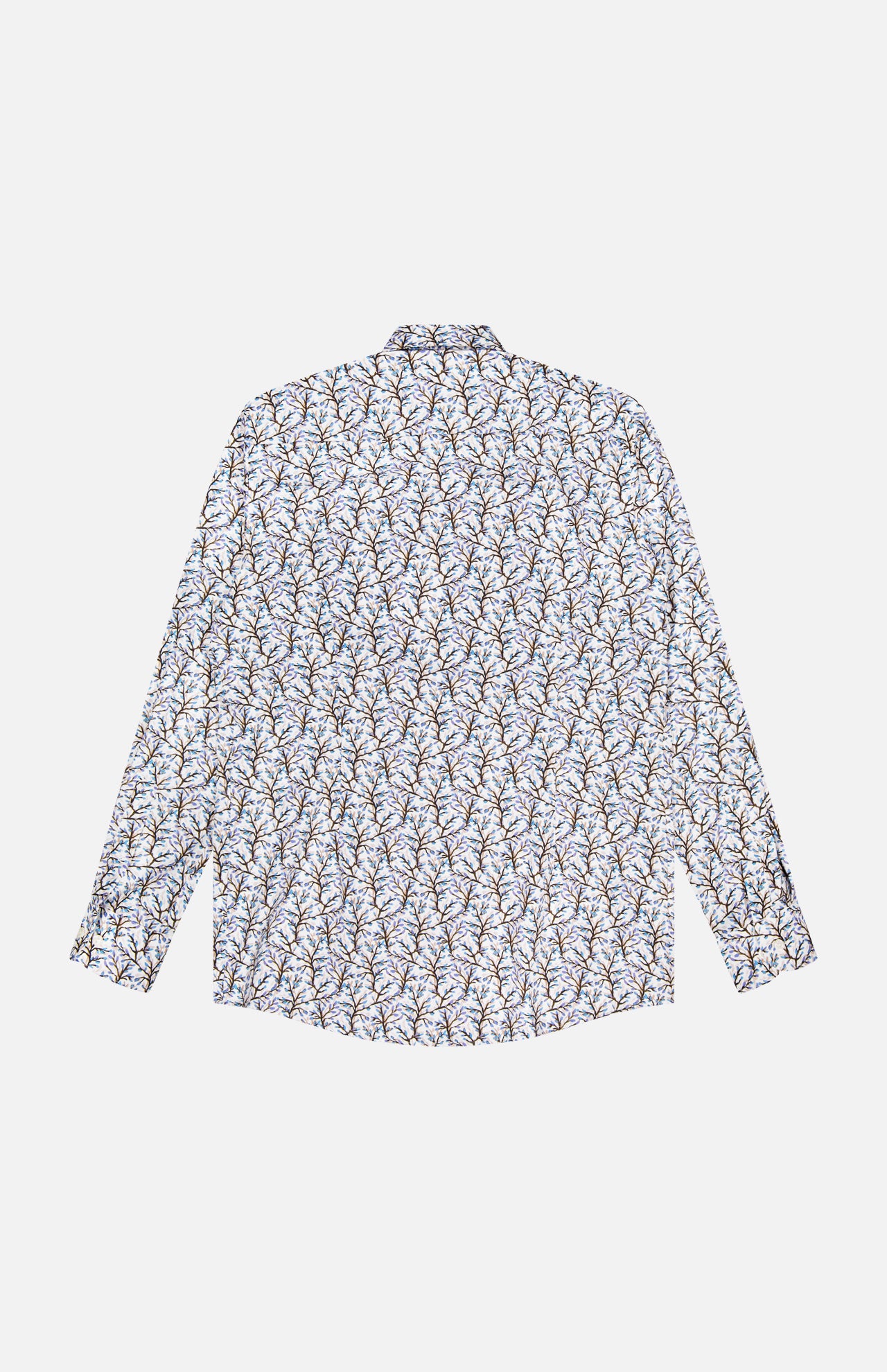 The ETON Floral Print Contemporary Dress Shirt is a long-sleeve, 100% cotton shirt with blue floral patterns in black, yellow, and blue on a white background, displayed flat with the back facing up.