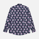 The ETON Floral Print Twill Contemporary Dress Shirt features long sleeves, a button-up front, and an all-over pink and white floral pattern on a dark navy background, shown from the back on a plain white surface.