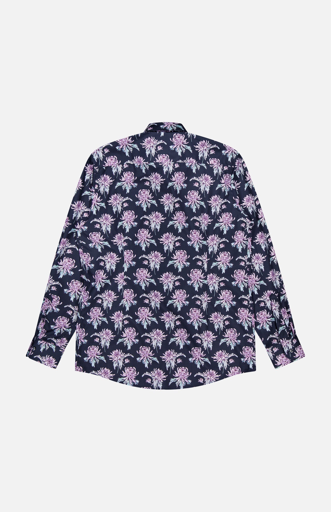 The ETON Floral Print Twill Contemporary Dress Shirt features long sleeves, a button-up front, and an all-over pink and white floral pattern on a dark navy background, shown from the back on a plain white surface.