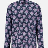 The ETON Floral Print Twill Contemporary Dress Shirt features a wrinkle-resistant, long-sleeve design with a dark navy base, pink and white floral print with green leaves, classic collar, and straight hem.