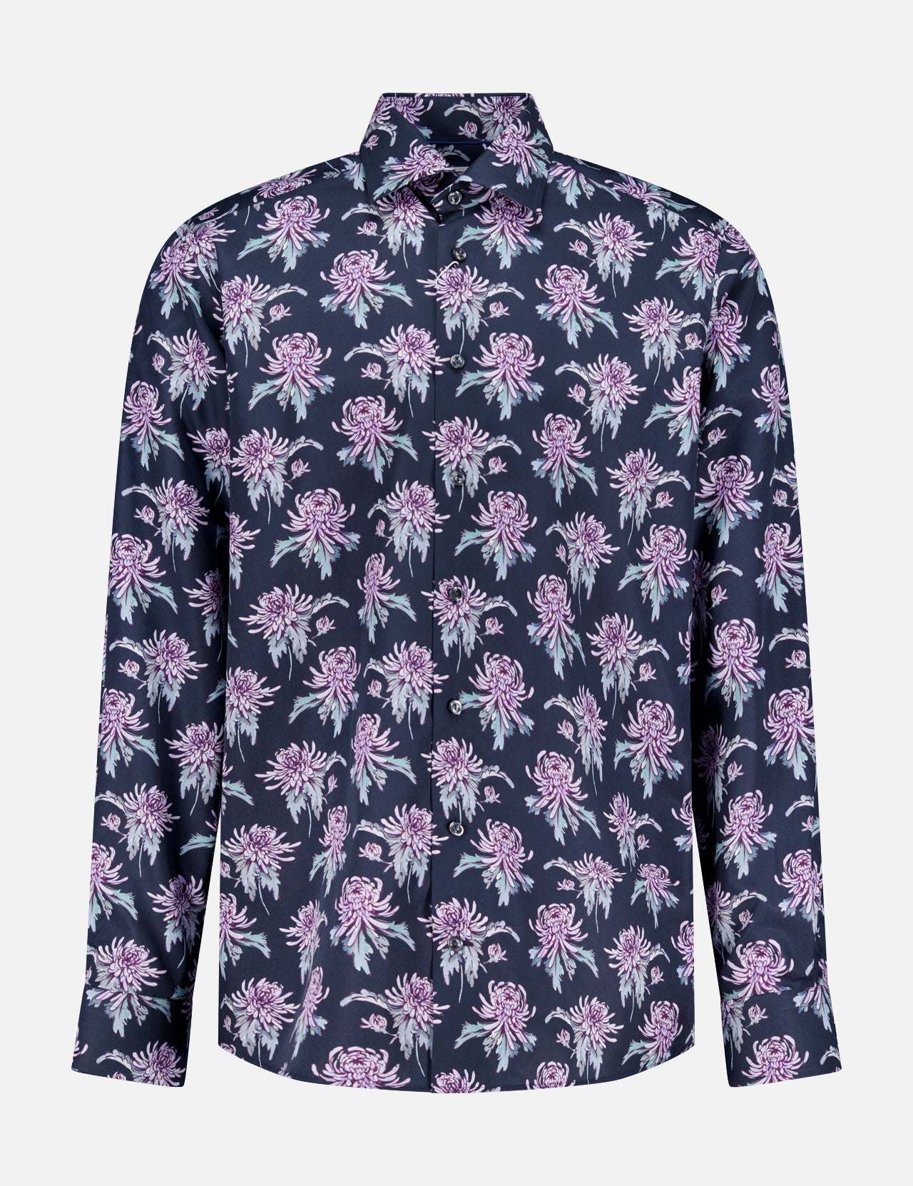 The ETON Floral Print Twill Contemporary Dress Shirt features a wrinkle-resistant, long-sleeve design with a dark navy base, pink and white floral print with green leaves, classic collar, and straight hem.