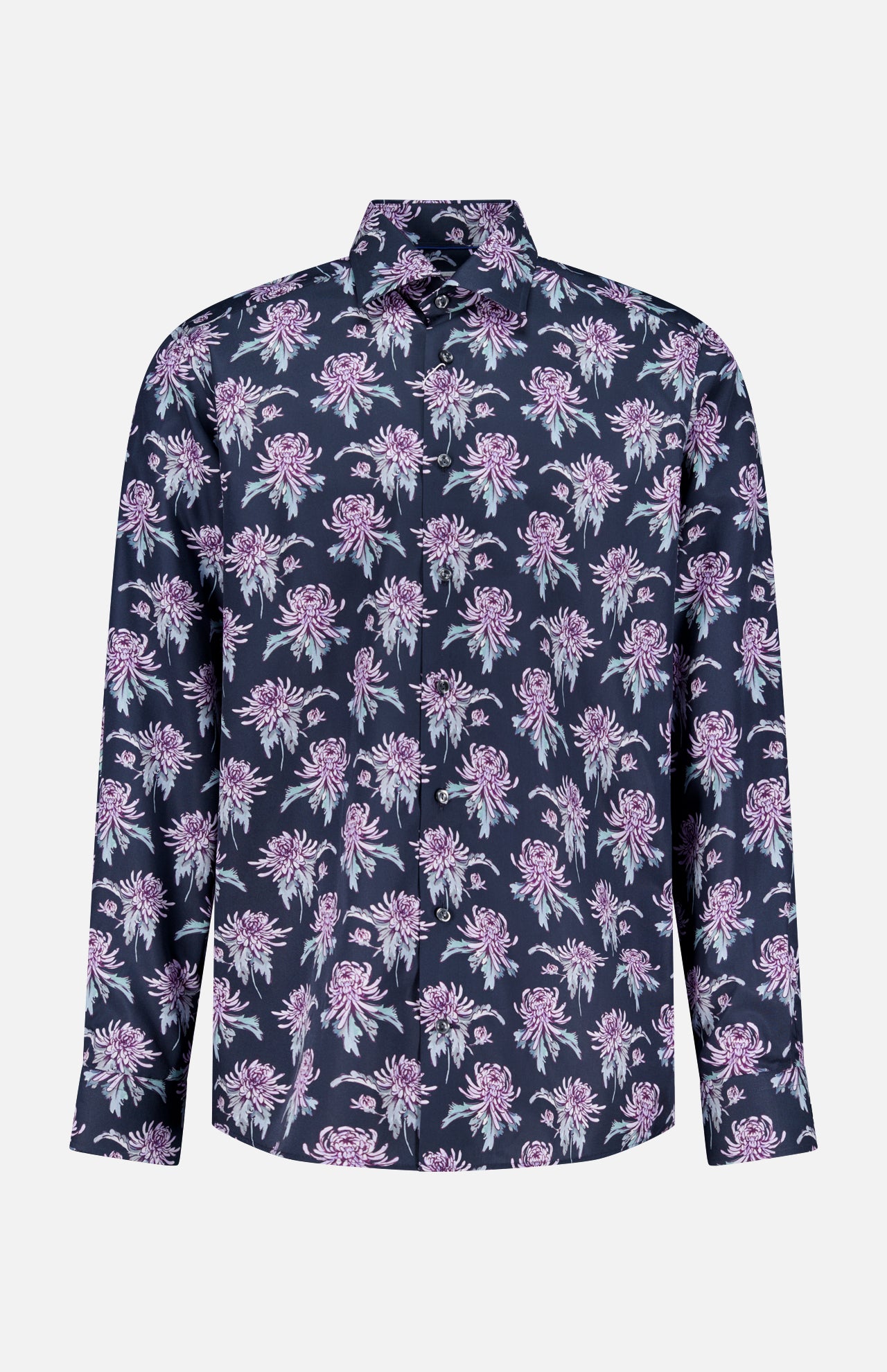 The ETON Floral Print Twill Contemporary Dress Shirt features a wrinkle-resistant, long-sleeve design with a dark navy base, pink and white floral print with green leaves, classic collar, and straight hem.