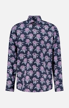 The ETON Floral Print Twill Contemporary Dress Shirt features a wrinkle-resistant, long-sleeve design with a dark navy base, pink and white floral print with green leaves, classic collar, and straight hem.