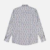 The ETON Floral Print Slim Dress Shirt features long sleeves, a collar, and an intricate blue, brown, and white floral pattern. Shown flat with the back visible.