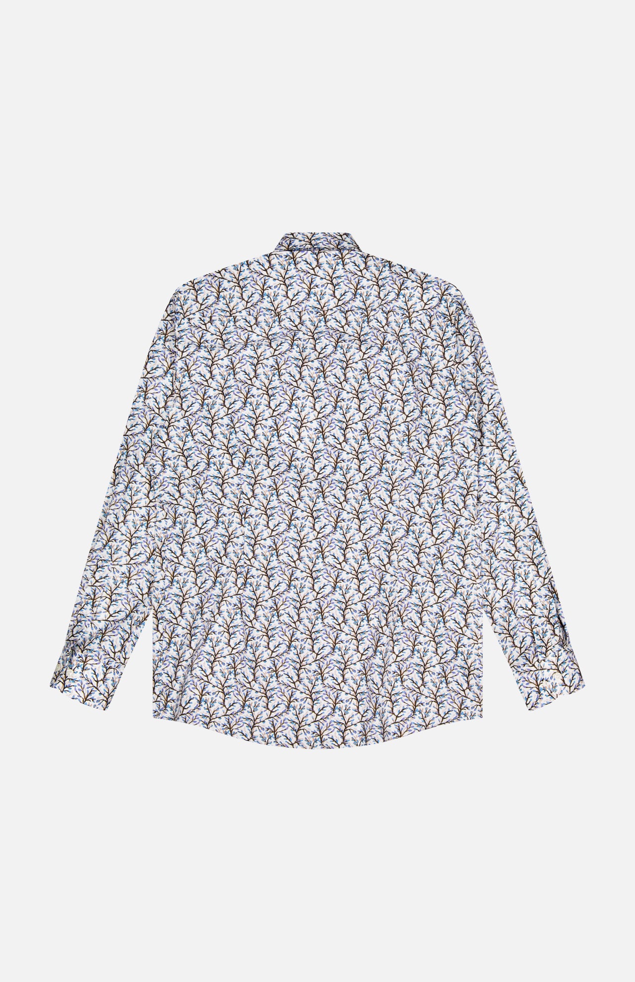 The ETON Floral Print Slim Dress Shirt features long sleeves, a collar, and an intricate blue, brown, and white floral pattern. Shown flat with the back visible.