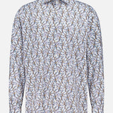 The ETON Floral Print Slim Dress Shirt is a long-sleeved, slim fit shirt featuring intricate blue and brown floral patterns on a white background.