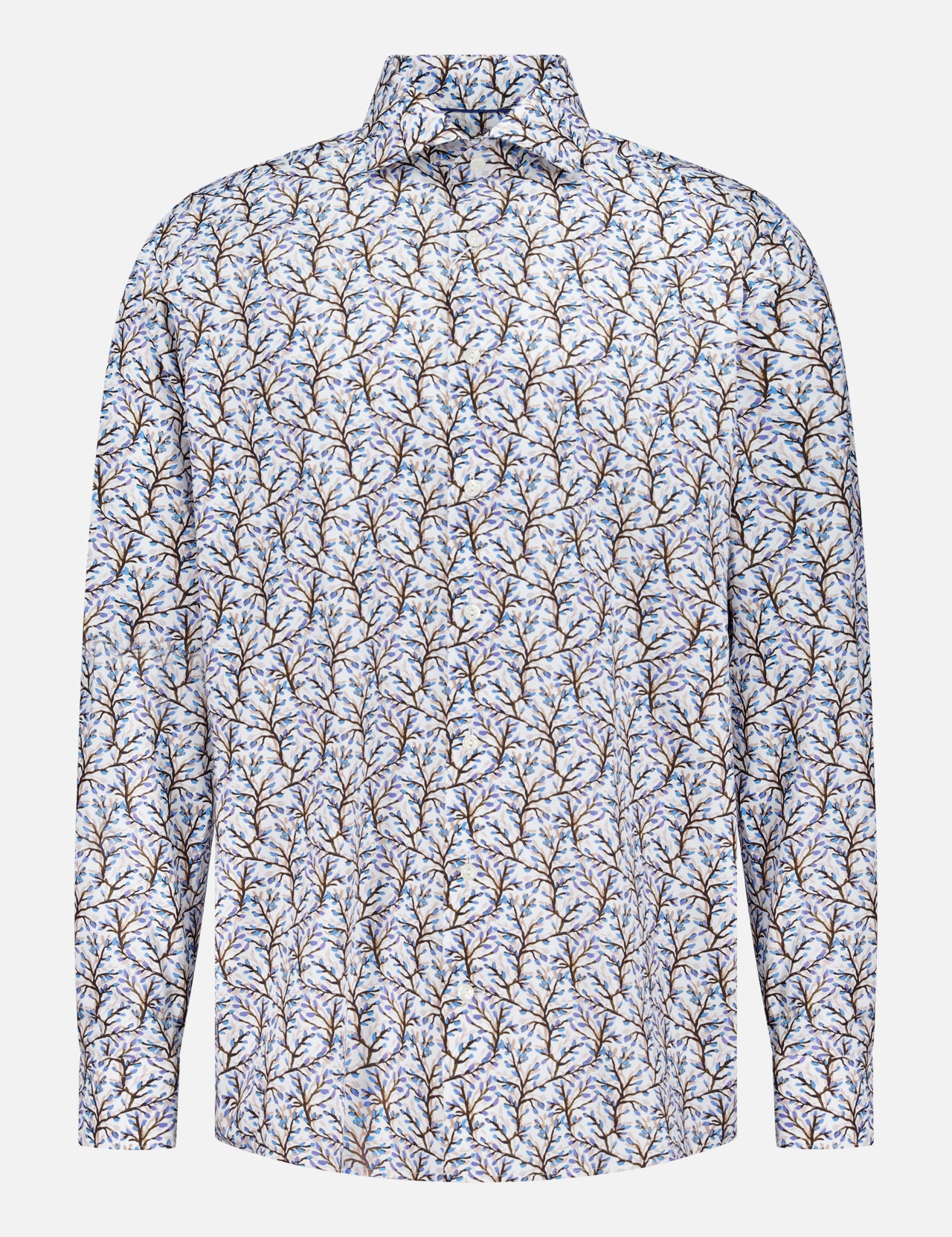The ETON Floral Print Slim Dress Shirt is a long-sleeved, slim fit shirt featuring intricate blue and brown floral patterns on a white background.