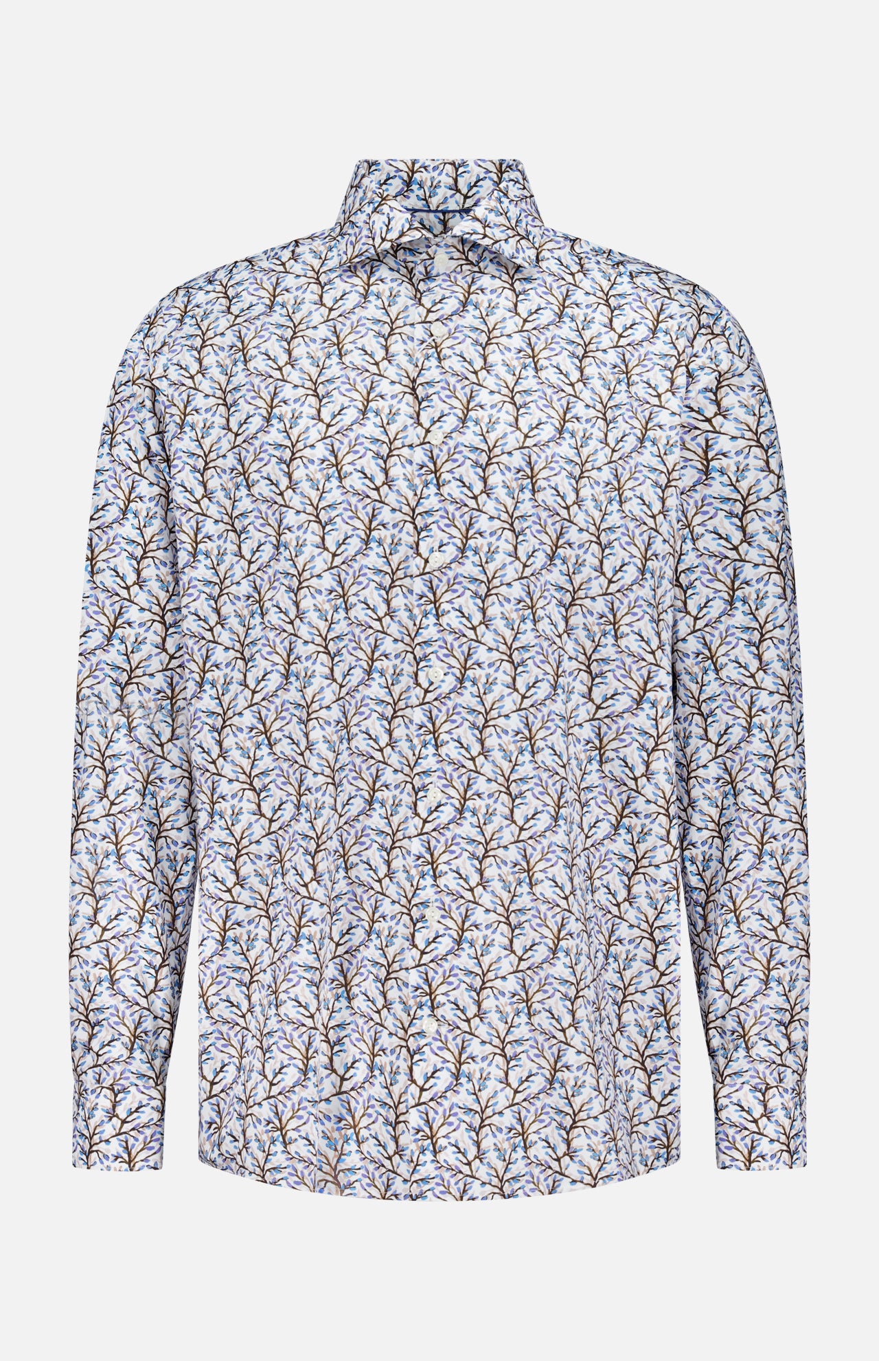 The ETON Floral Print Slim Dress Shirt is a long-sleeved, slim fit shirt featuring intricate blue and brown floral patterns on a white background.