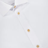 Geometric Effect Twill Contemporary Shirt by ETON, featuring a pointed collar and gold buttons, with an ETON Contemporary label. Crafted from wrinkle-resistant cotton twill with a subtle geometric effect, the shirt is neatly displayed to highlight its clean and crisp fabric.