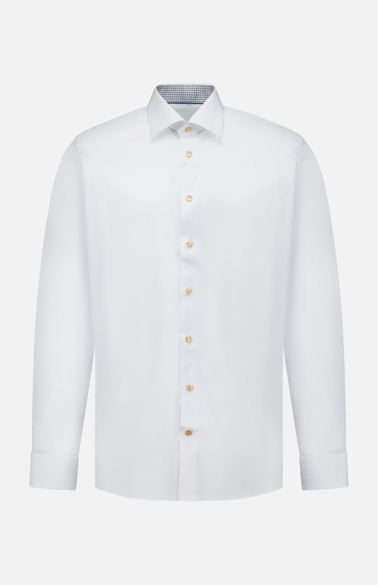 The ETON Geometric Effect Twill Contemporary Shirt is a long-sleeve button-up dress shirt, crafted from wrinkle-resistant cotton with a subtle geometric pattern, featuring a crisp collar and distinctive gold buttons, displayed on a white background.
