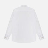 The Geometric Effect Signature Twill Slim Shirt by ETON is a slim fit white dress shirt, displayed from the back with buttoned cuffs and a classic collar. Crafted from wrinkle-resistant cotton, it is laid flat against a white background.