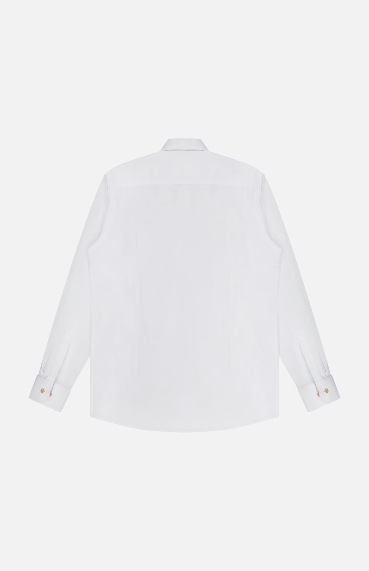 The Geometric Effect Signature Twill Slim Shirt by ETON is a slim fit white dress shirt, displayed from the back with buttoned cuffs and a classic collar. Crafted from wrinkle-resistant cotton, it is laid flat against a white background.