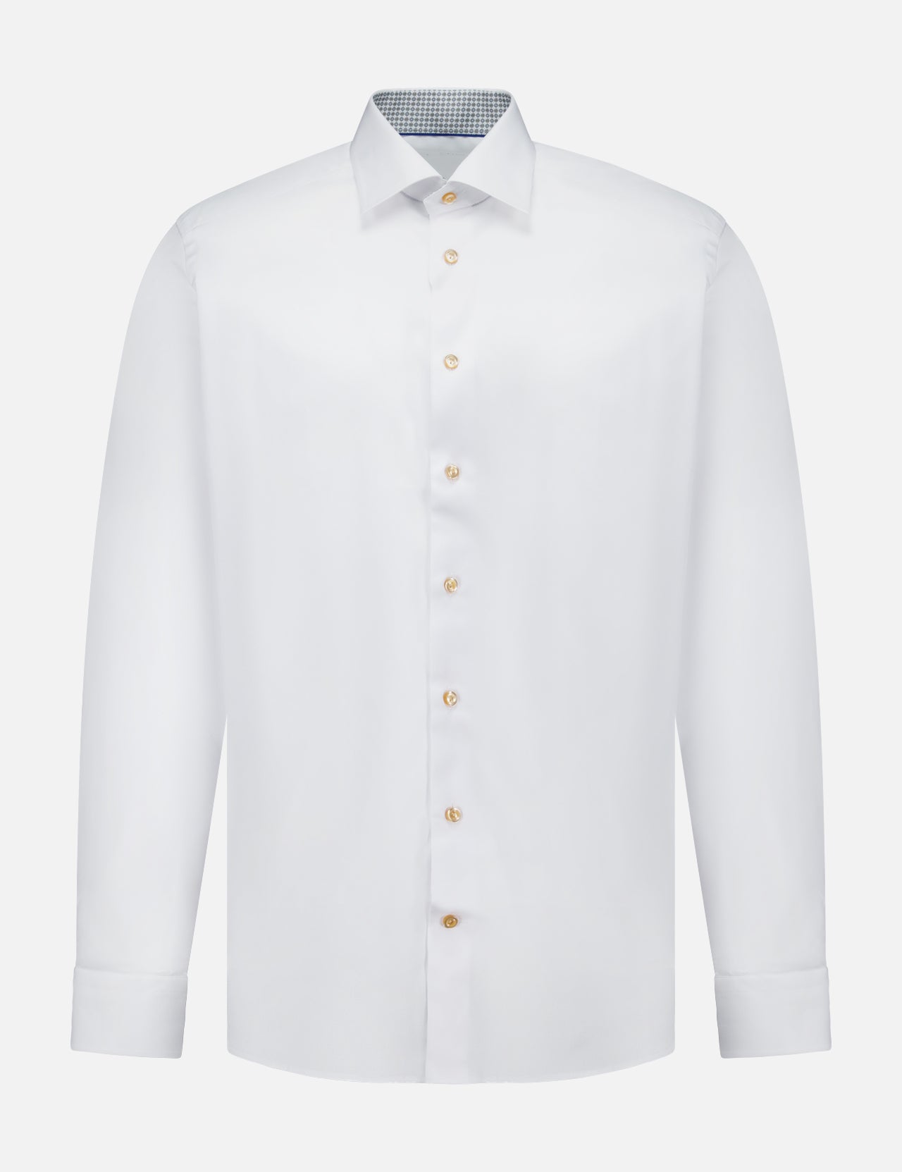 The ETON Geometric Effect Signature Twill Slim Shirt is a white, long-sleeve button-up crafted from wrinkle-resistant cotton, featuring a pointed collar and light brown buttons, displayed on a plain white background.