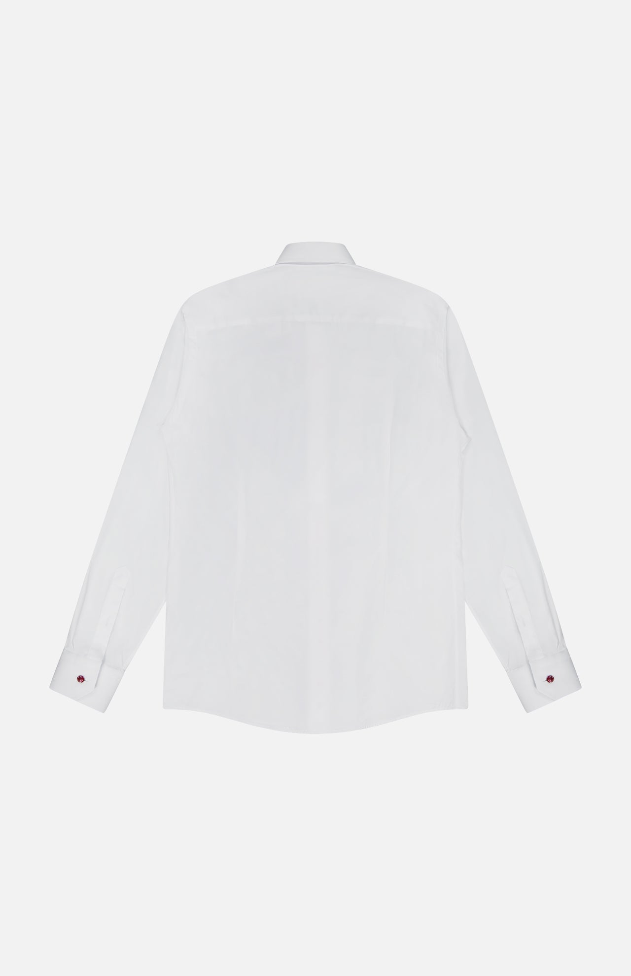 Back view of the ETON Geometric Effect Signature Twill Slim Dress Shirt in white, with long sleeves, buttoned cuffs featuring red button details, displayed on a plain white background.