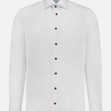 The ETON Geometric Effect Signature Twill Slim Dress Shirt features a classic collar, red buttons, and a light blue patterned inner collar lining. This slim-fit white cotton shirt is shown on a plain white background.