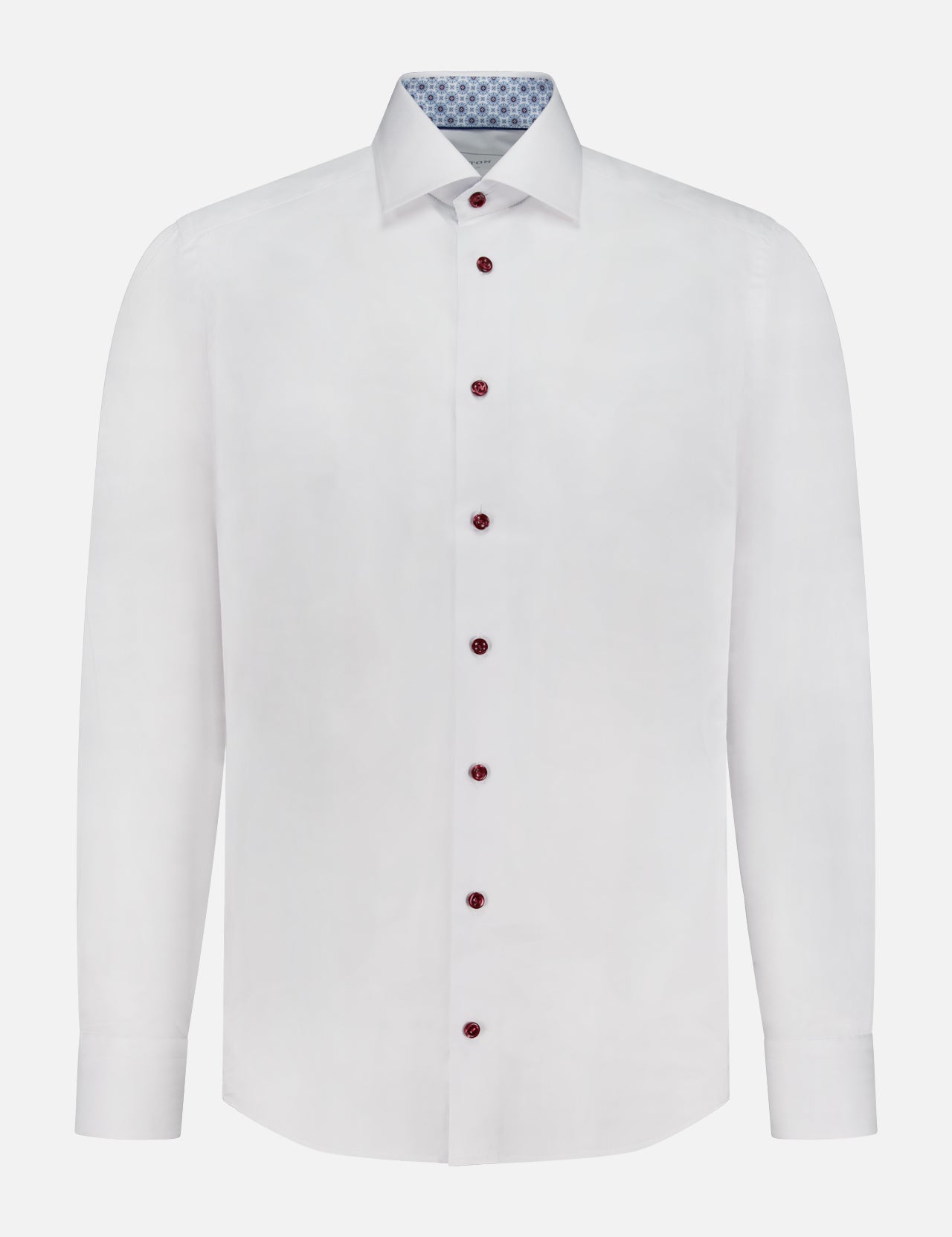 The ETON Geometric Effect Signature Twill Slim Dress Shirt features a classic collar, red buttons, and a light blue patterned inner collar lining. This slim-fit white cotton shirt is shown on a plain white background.
