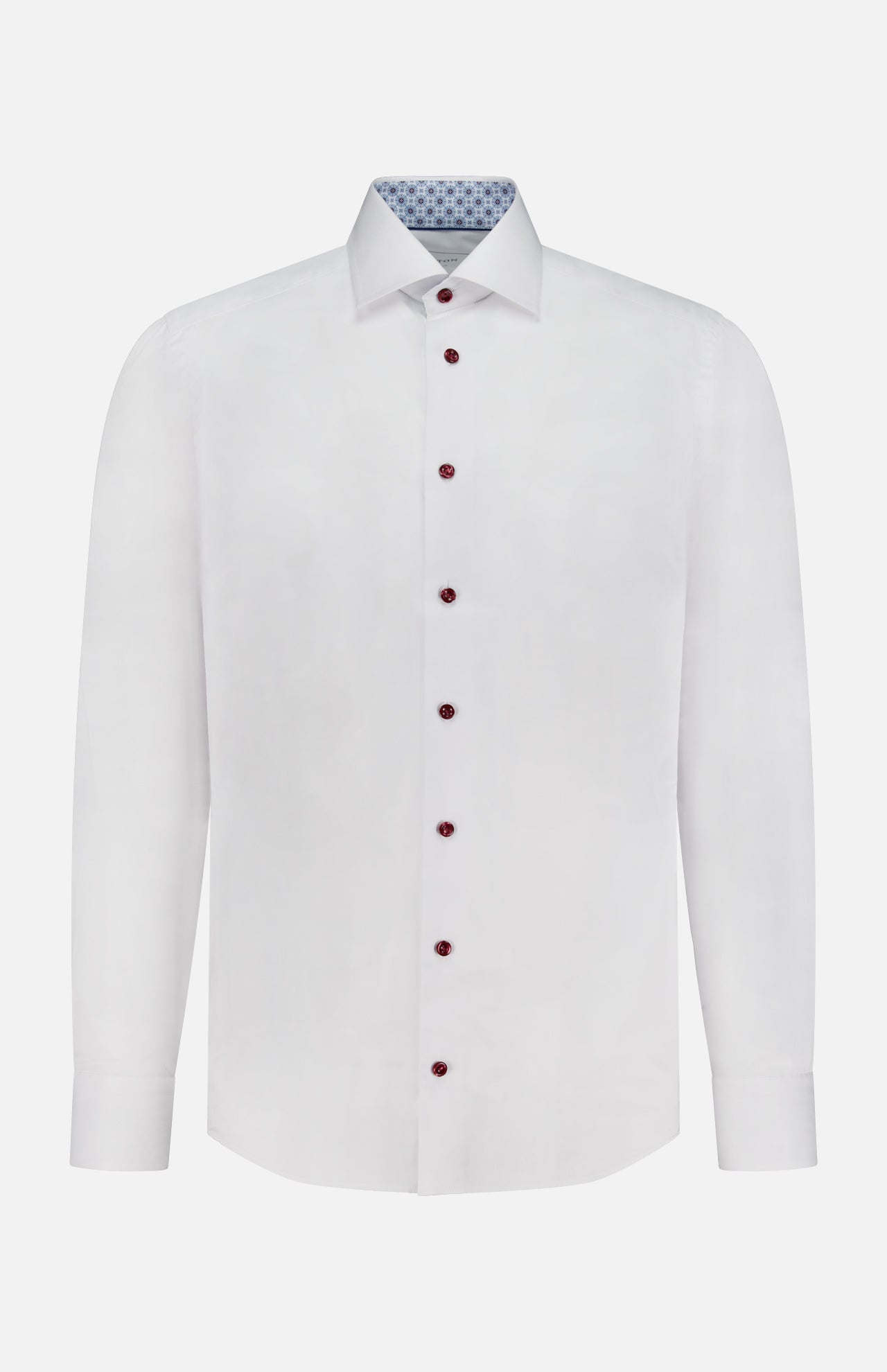 The ETON Geometric Effect Signature Twill Slim Dress Shirt features a classic collar, red buttons, and a light blue patterned inner collar lining. This slim-fit white cotton shirt is shown on a plain white background.