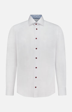 The ETON Geometric Effect Signature Twill Slim Dress Shirt features a classic collar, red buttons, and a light blue patterned inner collar lining. This slim-fit white cotton shirt is shown on a plain white background.