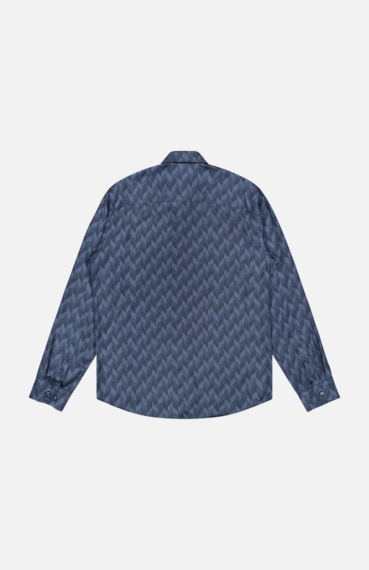 An ETON Geometric Lyocell Dress Shirt, featuring long sleeves and a button-up design with a blue geometric pattern, is displayed flat with the back facing up against a plain white background.